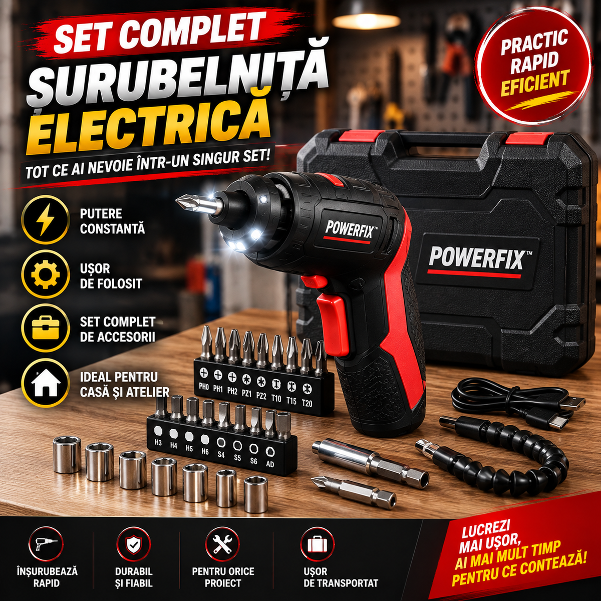 Set Șurubelniță Electrică Cu Accesorii PowerFix™